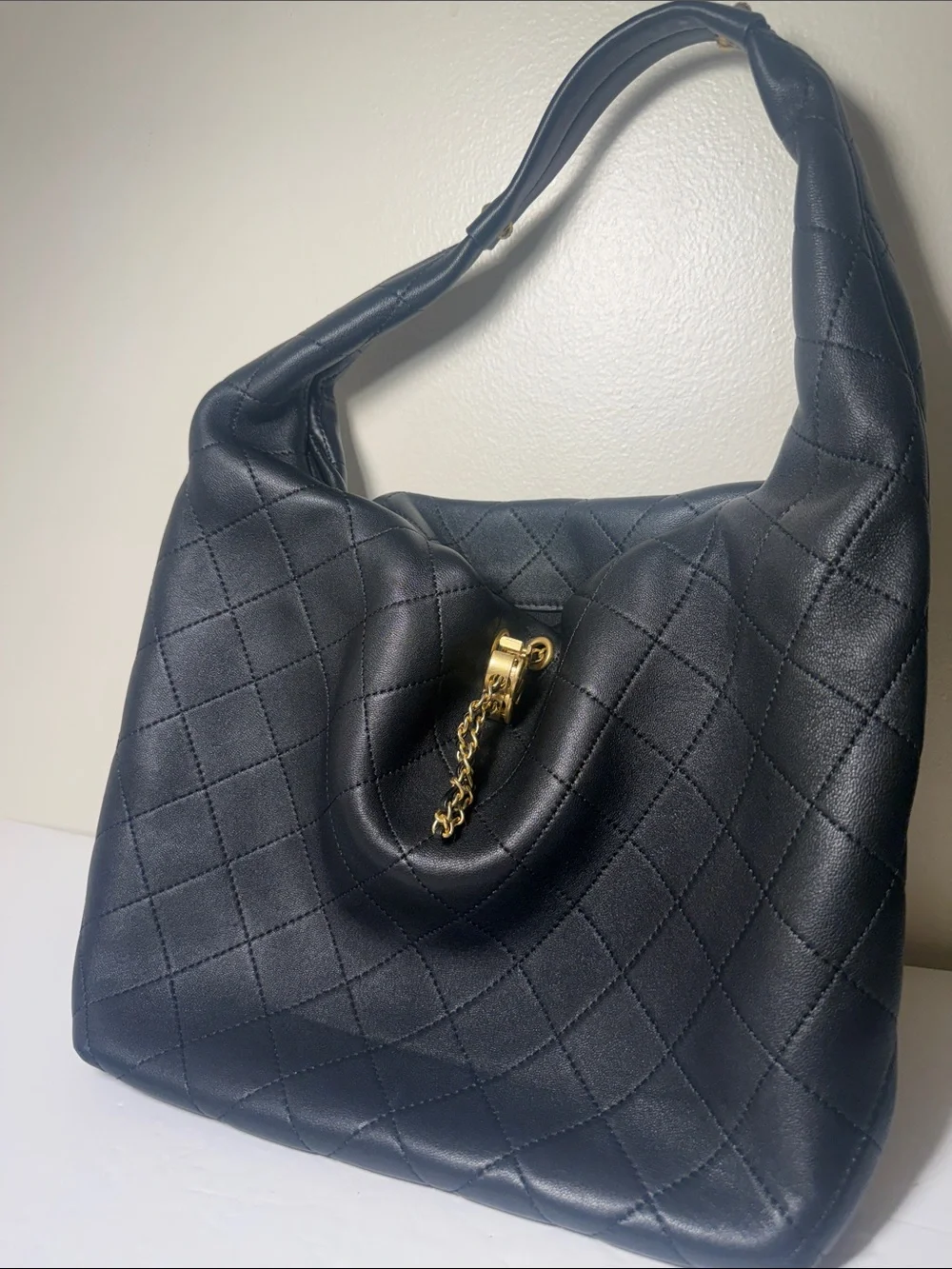 Black Quilted Leather Hobo with Gold Chain Accent